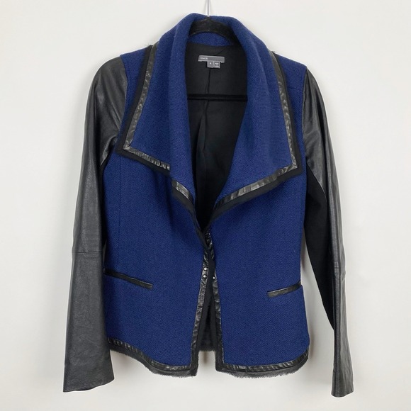 Vince Wool Blend Moto Leather Jacket Coat Raw Trim Drape Wide Lapel Women Size 4 - Picture 1 of 7